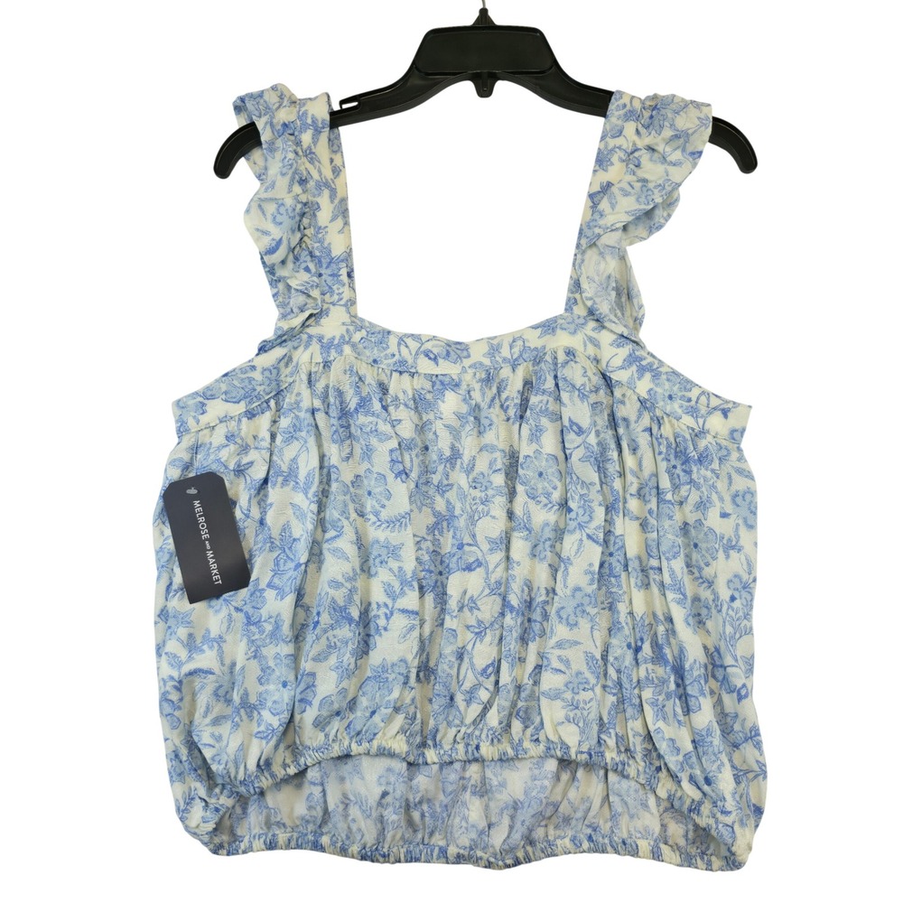 Melrose and Market Womens White Blue Floral Ruffle Strap Square Neck Crop M NWT - Picture 5 of 8